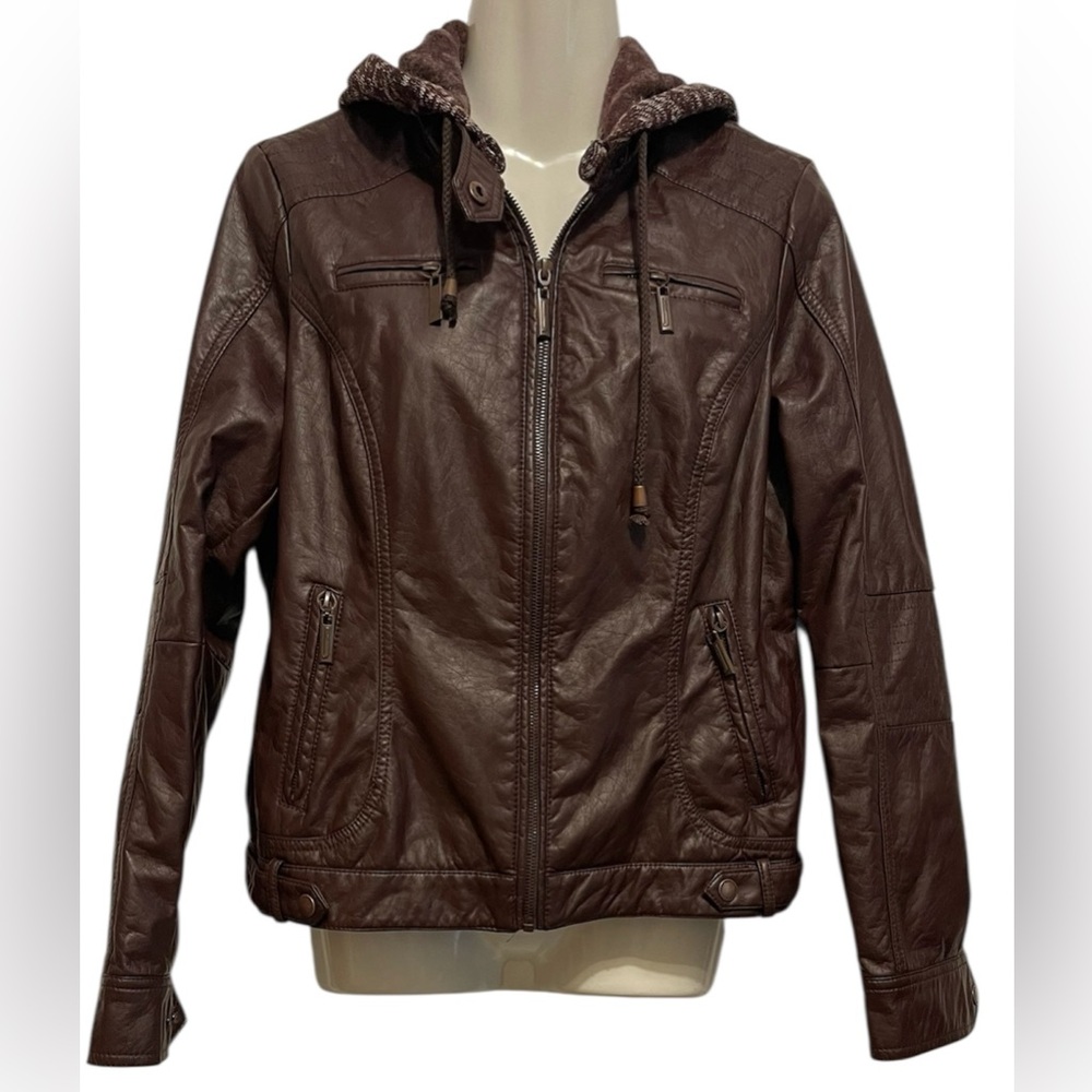 JouJou Juniors Jacket
Vegan Faux Leather Knit Hood Motorcycle Jacket
Size L
